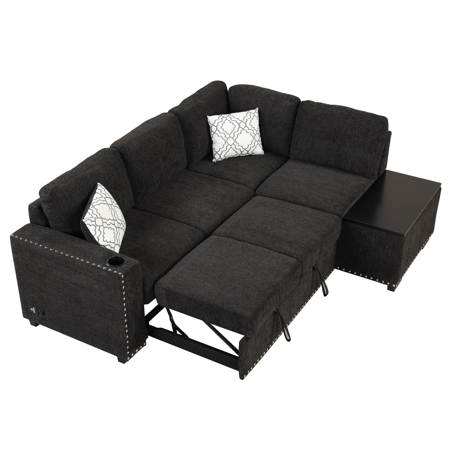 Sofa & Chair sets | Sectional Pull-Out Sofa Bed L-Shaped Corner Sofa Couch with Storage Chaise, USB Ports, Power Sockets, Cup Holder for Living Room, Bedroom, Study, Black | casafoyer.myshopify.com