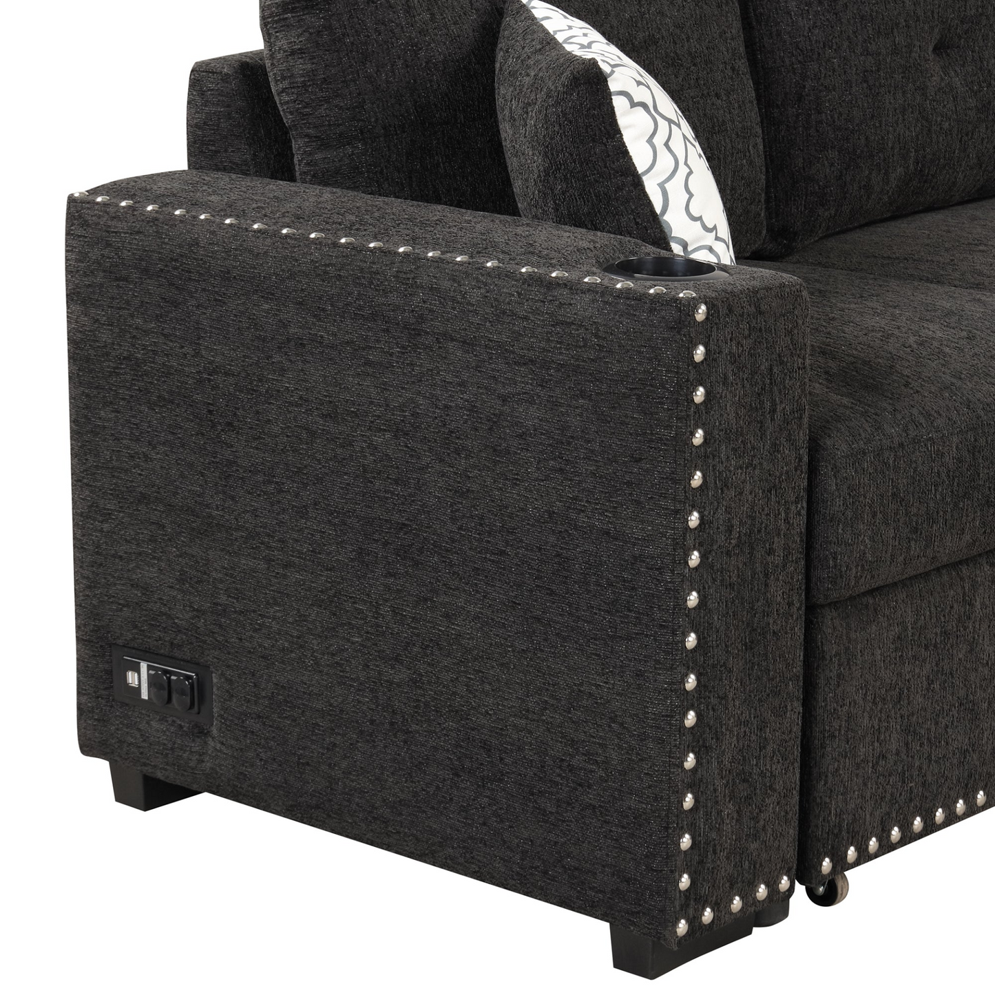 Sofa & Chair sets | Sectional Pull-Out Sofa Bed L-Shaped Corner Sofa Couch with Storage Chaise, USB Ports, Power Sockets, Cup Holder for Living Room, Bedroom, Study, Black | casafoyer.myshopify.com