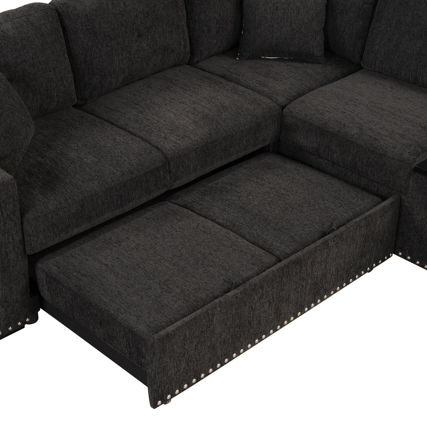 Sofa & Chair sets | Sectional Pull-Out Sofa Bed L-Shaped Corner Sofa Couch with Storage Chaise, USB Ports, Power Sockets, Cup Holder for Living Room, Bedroom, Study, Black | casafoyer.myshopify.com