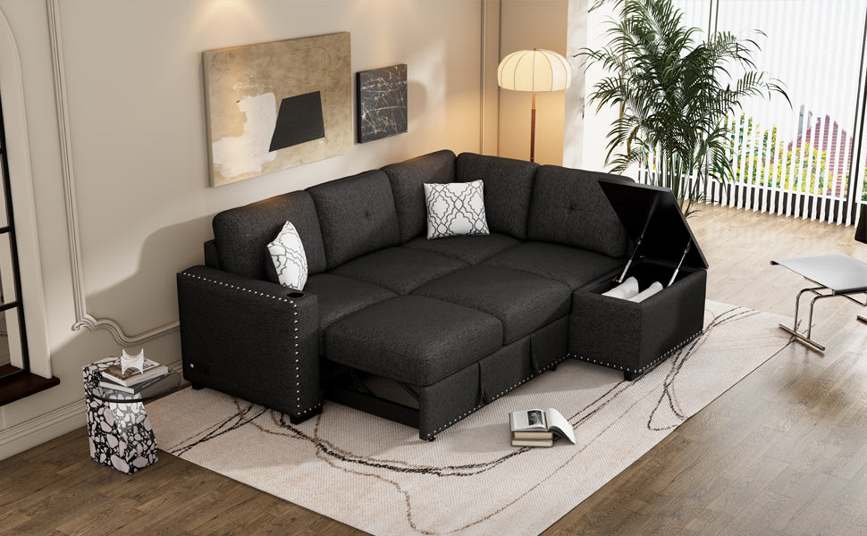 Sofa & Chair sets | Sectional Pull-Out Sofa Bed L-Shaped Corner Sofa Couch with Storage Chaise, USB Ports, Power Sockets, Cup Holder for Living Room, Bedroom, Study, Black | casafoyer.myshopify.com