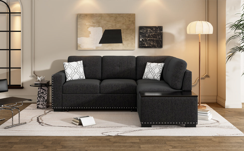 Sofa & Chair sets | Sectional Pull-Out Sofa Bed L-Shaped Corner Sofa Couch with Storage Chaise, USB Ports, Power Sockets, Cup Holder for Living Room, Bedroom, Study, Black | casafoyer.myshopify.com