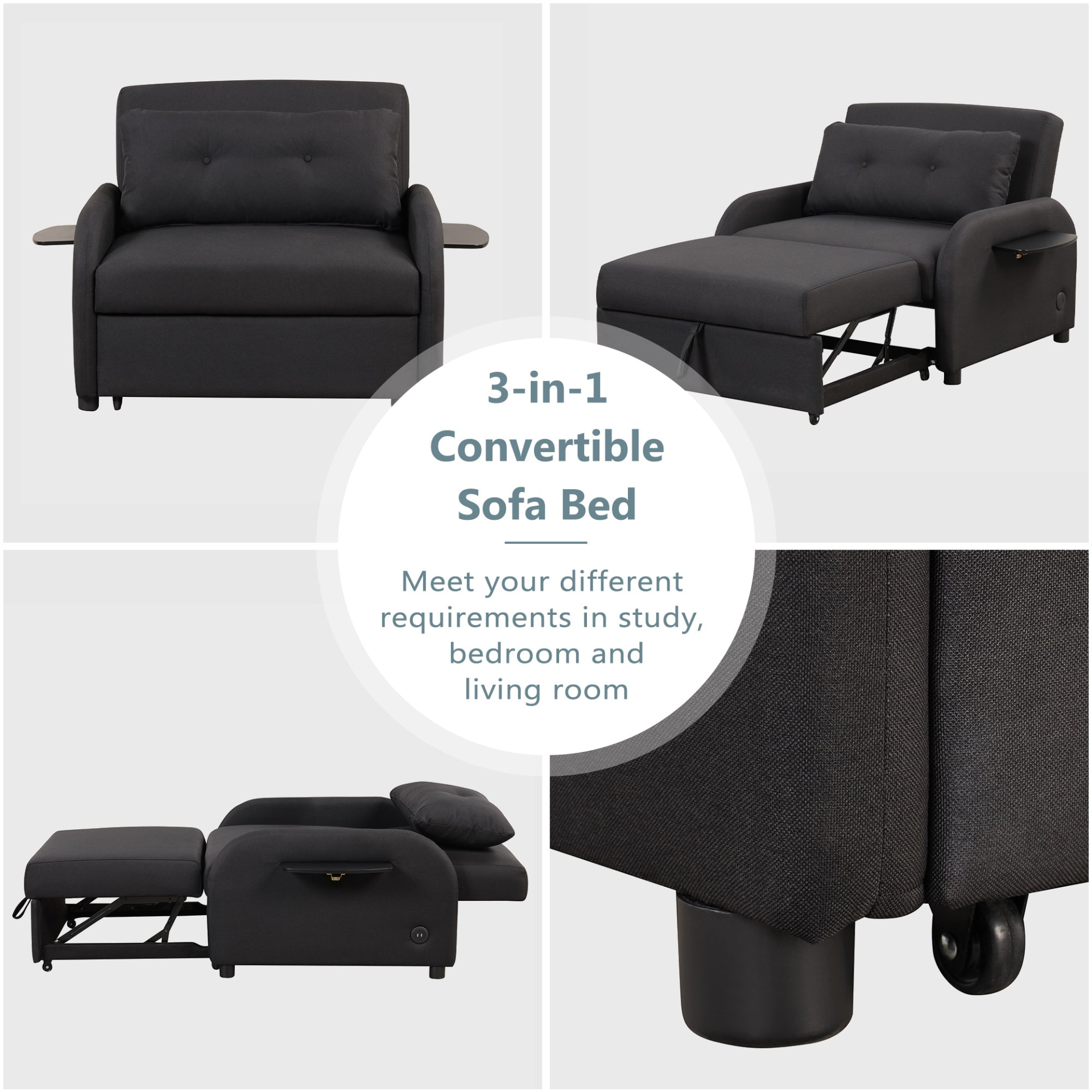 Sofa & Chair sets | pull out sofa sleeper 3 in 1 with 2 wing table and usb charge for nap line fabric for living room recreation room Black | casafoyer.myshopify.com