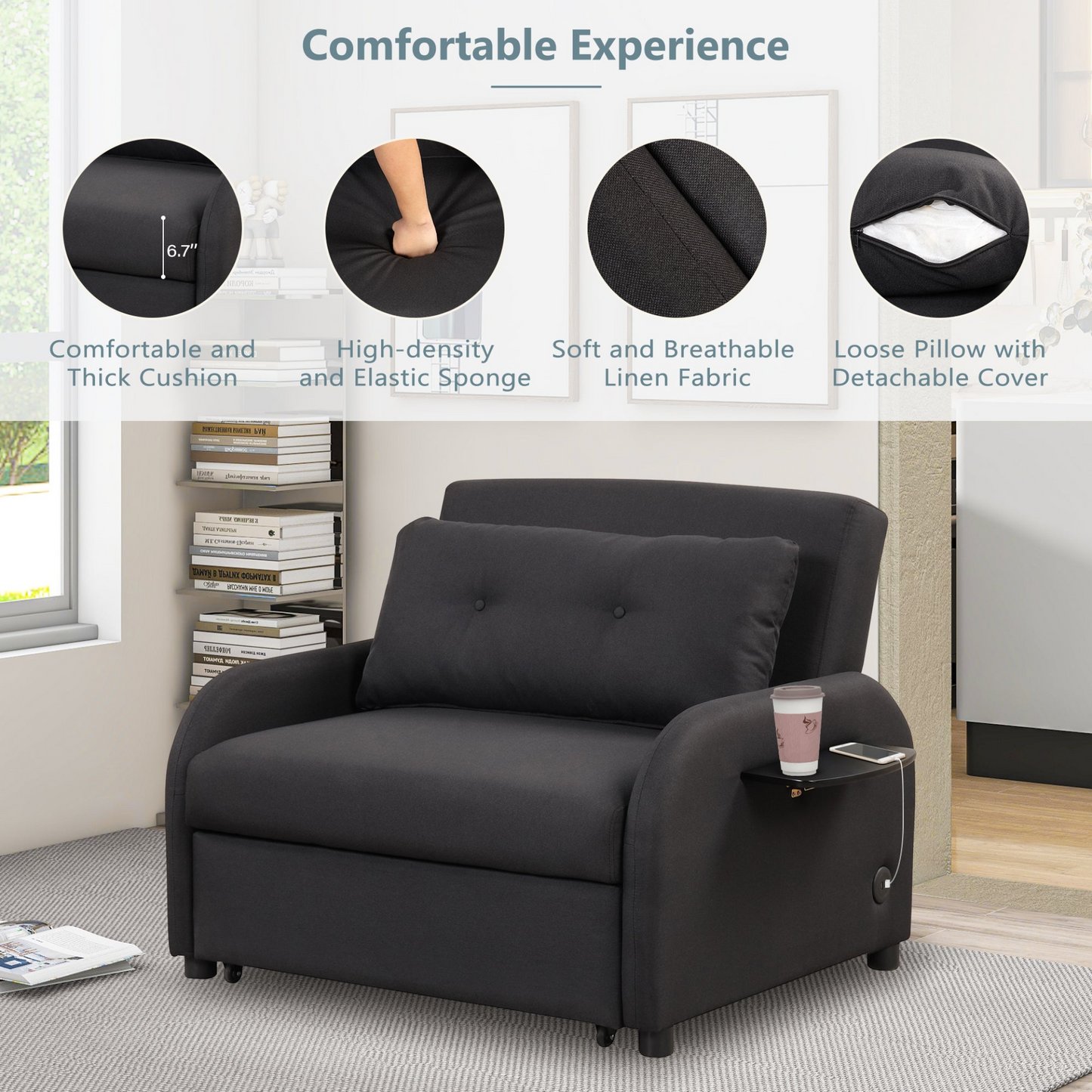 Sofa & Chair sets | pull out sofa sleeper 3 in 1 with 2 wing table and usb charge for nap line fabric for living room recreation room Black | casafoyer.myshopify.com