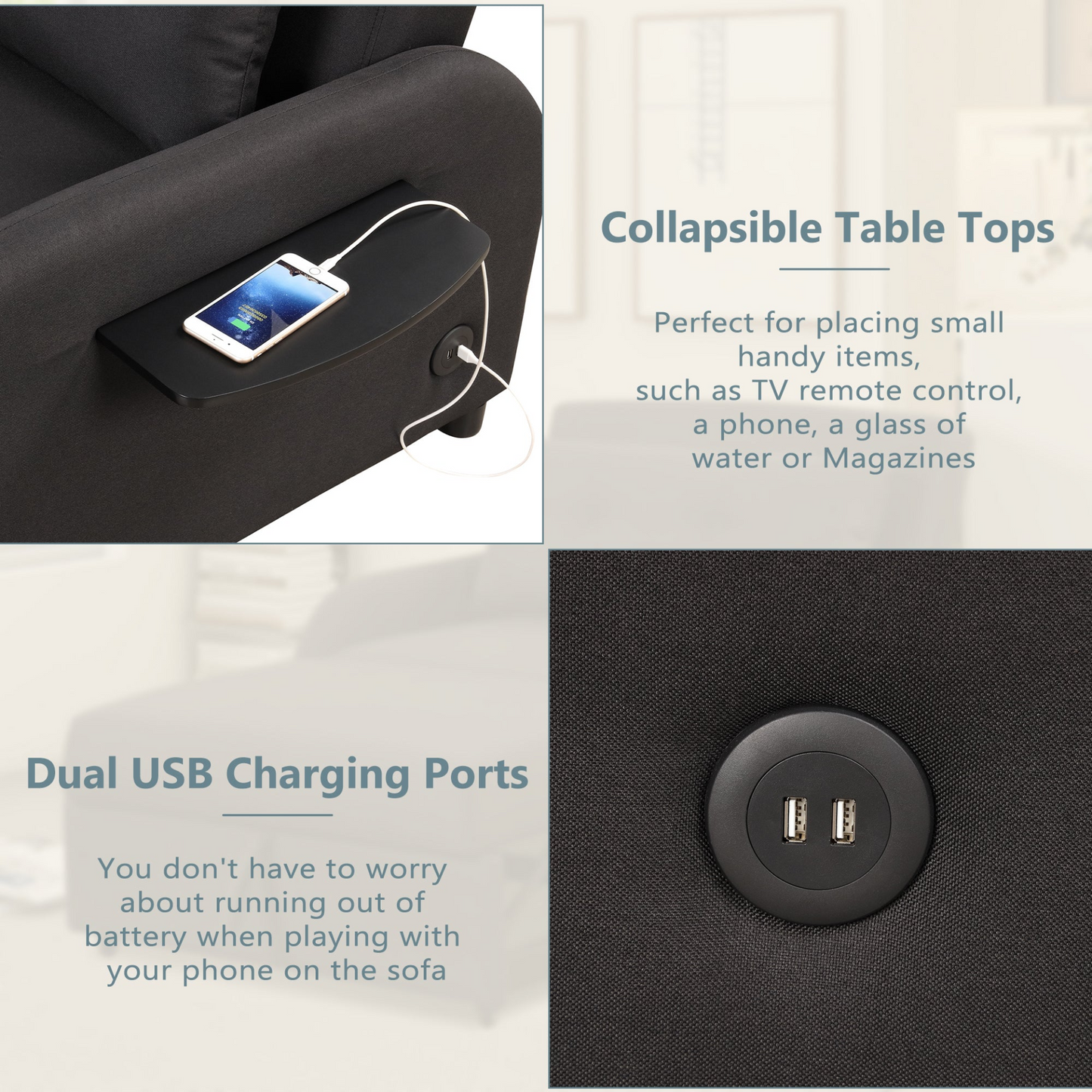 Sofa & Chair sets | pull out sofa sleeper 3 in 1 with 2 wing table and usb charge for nap line fabric for living room recreation room Black | casafoyer.myshopify.com