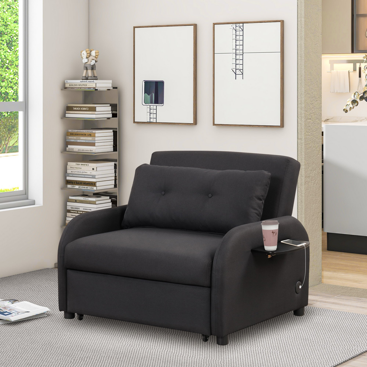 Sofa & Chair sets | pull out sofa sleeper 3 in 1 with 2 wing table and usb charge for nap line fabric for living room recreation room Black | casafoyer.myshopify.com