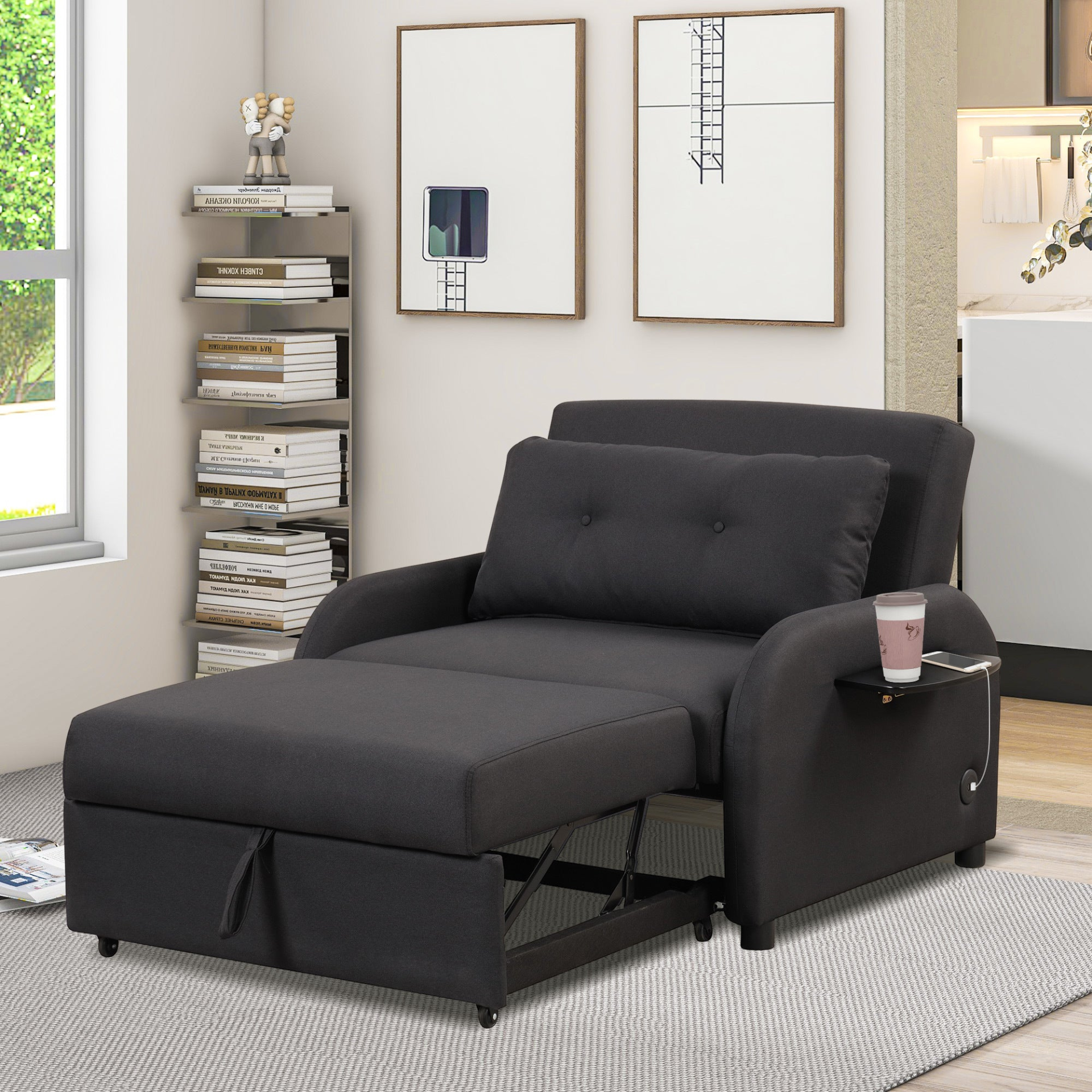 Sofa & Chair sets | pull out sofa sleeper 3 in 1 with 2 wing table and usb charge for nap line fabric for living room recreation room Black | casafoyer.myshopify.com