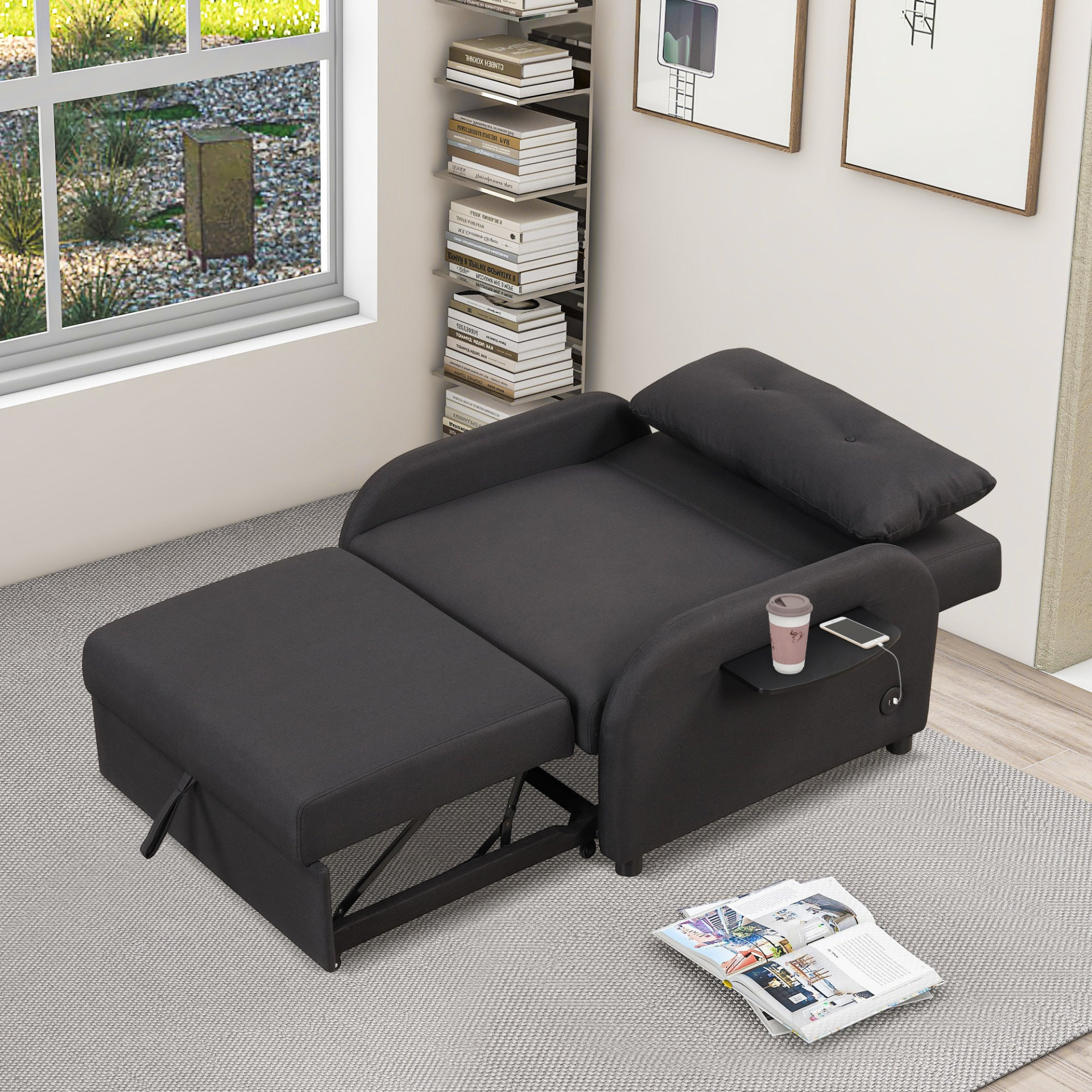 Sofa & Chair sets | pull out sofa sleeper 3 in 1 with 2 wing table and usb charge for nap line fabric for living room recreation room Black | casafoyer.myshopify.com