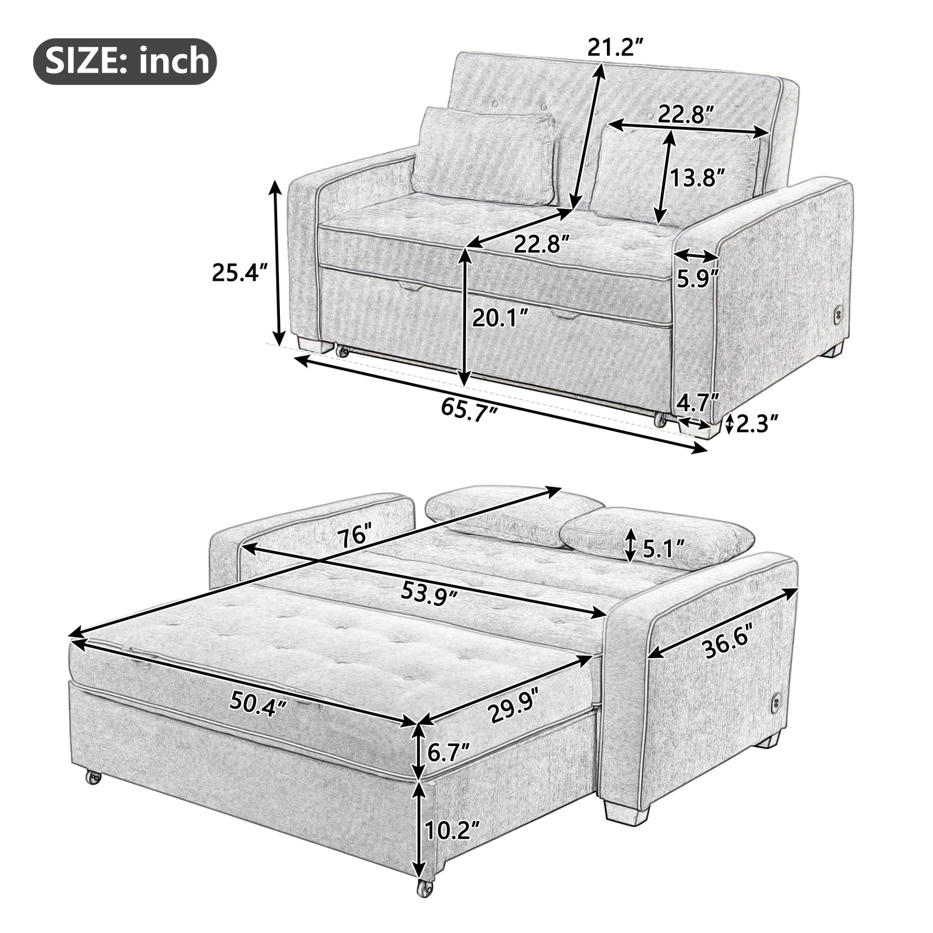 [product_type] | 65.7" Linen Upholstered Sleeper Bed - Pull Out Sofa Bed Couch with Dual USB Charging Port | casafoyer.myshopify.com