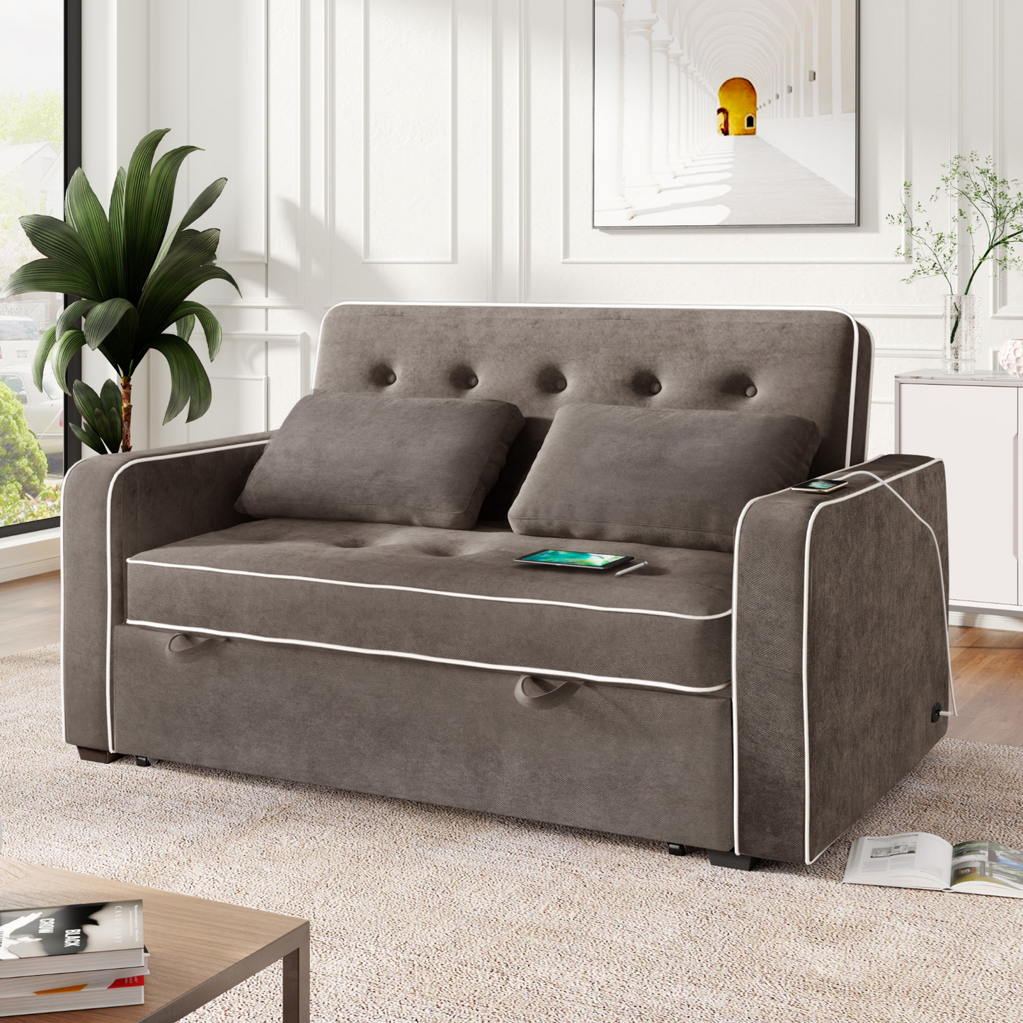 [product_type] | 65.7" Linen Upholstered Sleeper Bed - Pull Out Sofa Bed Couch with Dual USB Charging Port | casafoyer.myshopify.com