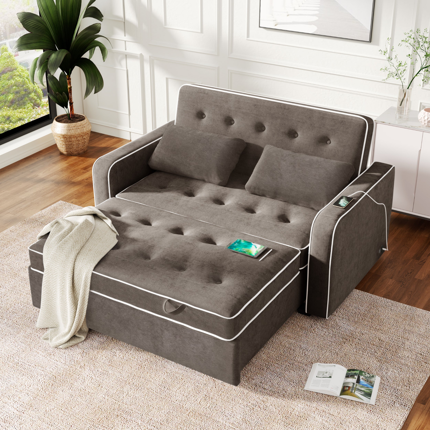 [product_type] | 65.7" Linen Upholstered Sleeper Bed - Pull Out Sofa Bed Couch with Dual USB Charging Port | casafoyer.myshopify.com