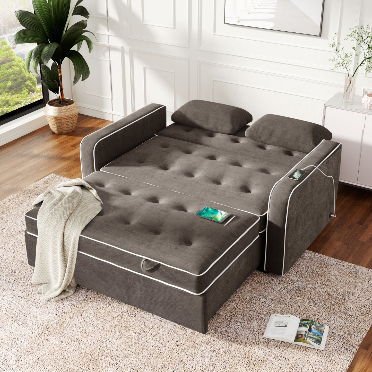 [product_type] | 65.7" Linen Upholstered Sleeper Bed - Pull Out Sofa Bed Couch with Dual USB Charging Port | casafoyer.myshopify.com