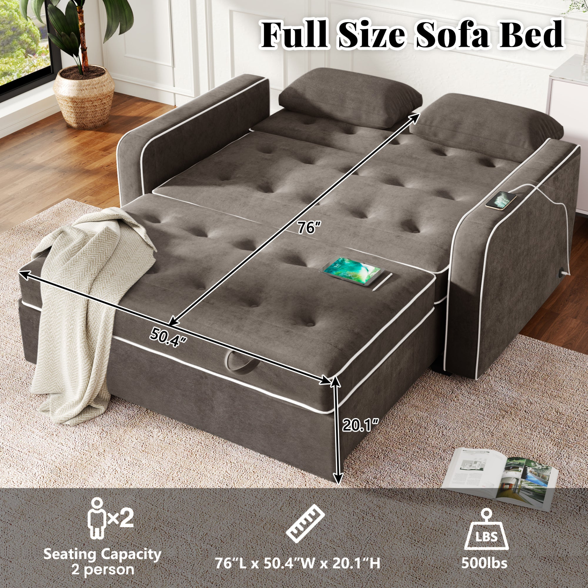 [product_type] | 65.7" Linen Upholstered Sleeper Bed - Pull Out Sofa Bed Couch with Dual USB Charging Port | casafoyer.myshopify.com