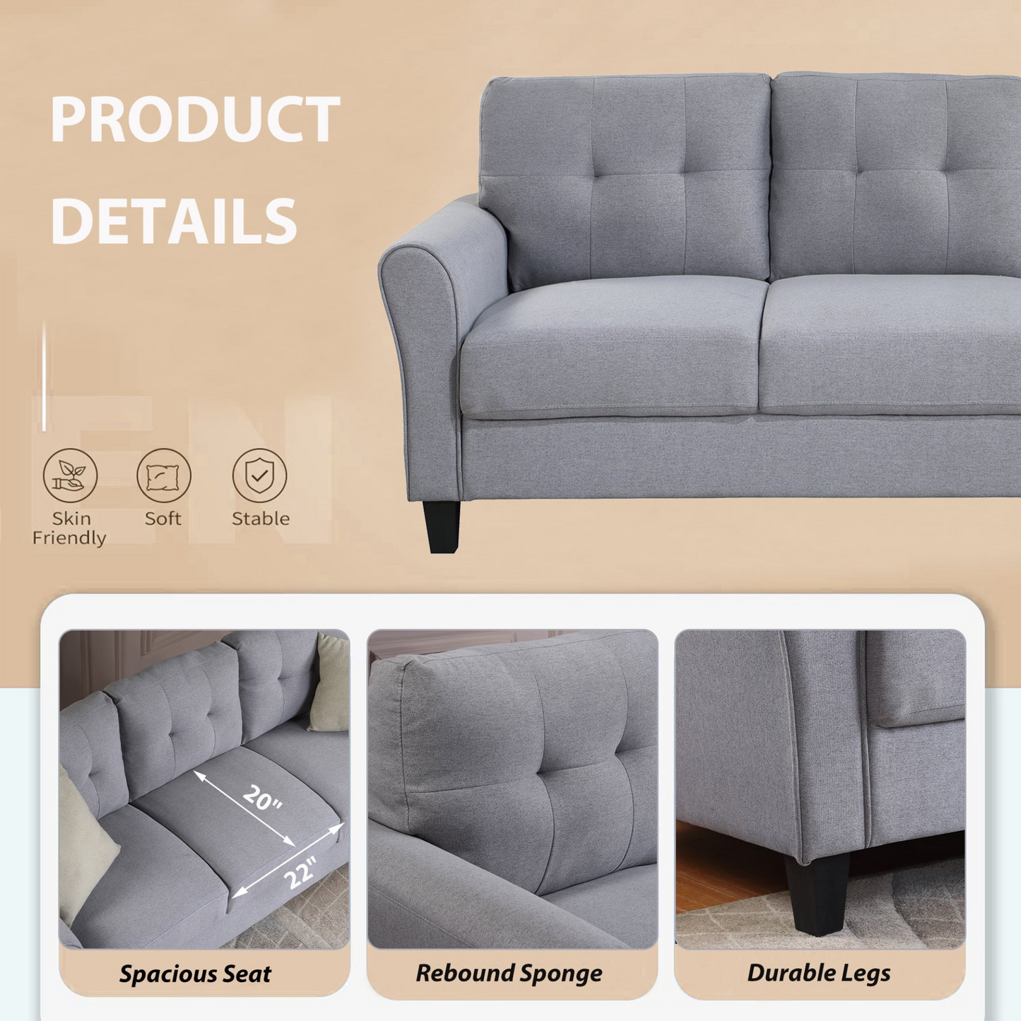 Sofa & Chair sets | Modern Living Room Loveseat Linen Upholstered Couch Furniture for Home or Office ,Light Grey-Blue,2-Seat | casafoyer.myshopify.com