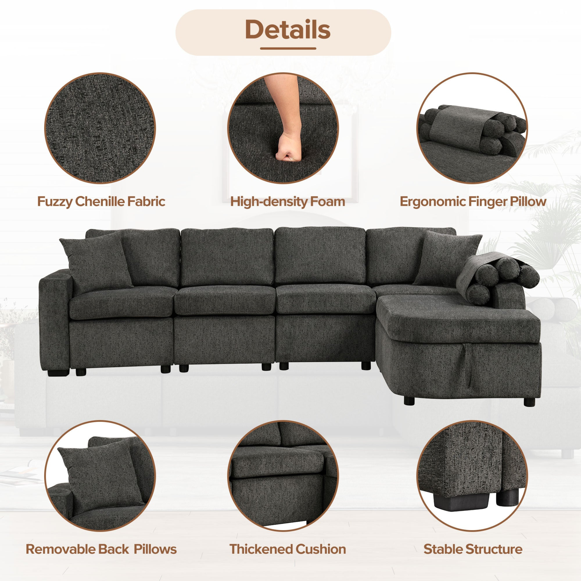 [product_type] | 109.8" L-shaped Couch Sectional Sofa with Storage Chaise, Cup Holder, and USB Ports - Black | Ecommerce SEO | casafoyer.myshopify.com