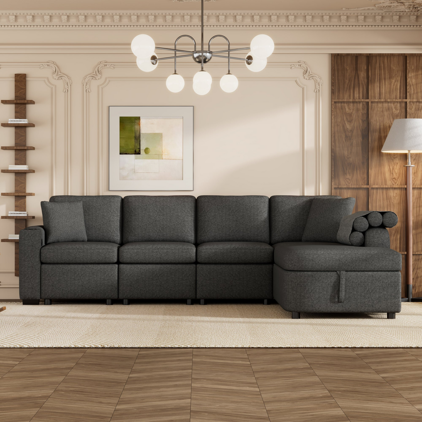 [product_type] | 109.8" L-shaped Couch Sectional Sofa with Storage Chaise, Cup Holder, and USB Ports - Black | Ecommerce SEO | casafoyer.myshopify.com