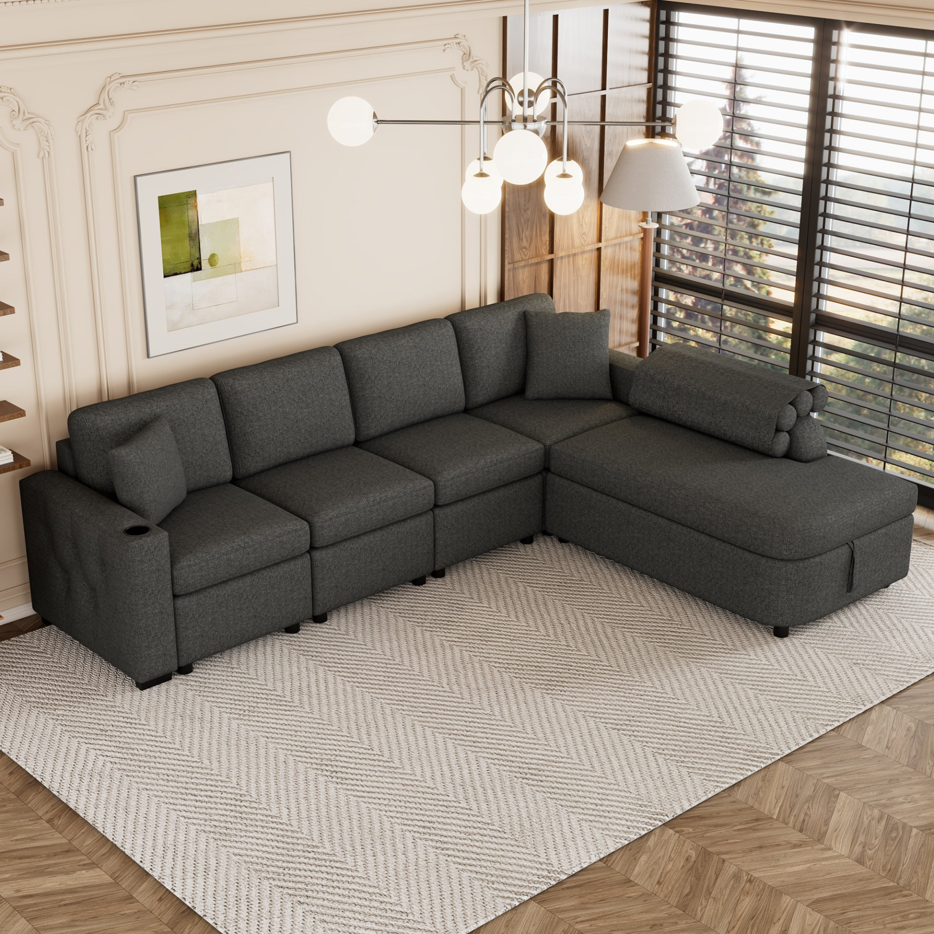 [product_type] | 109.8" L-shaped Couch Sectional Sofa with Storage Chaise, Cup Holder, and USB Ports - Black | Ecommerce SEO | casafoyer.myshopify.com