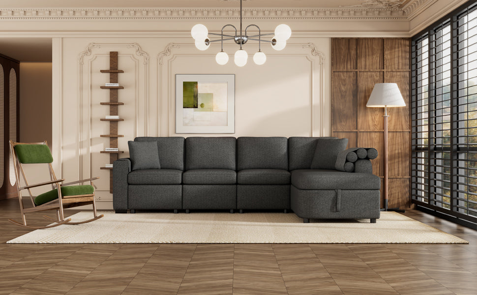 [product_type] | 109.8" L-shaped Couch Sectional Sofa with Storage Chaise, Cup Holder, and USB Ports - Black | Ecommerce SEO | casafoyer.myshopify.com