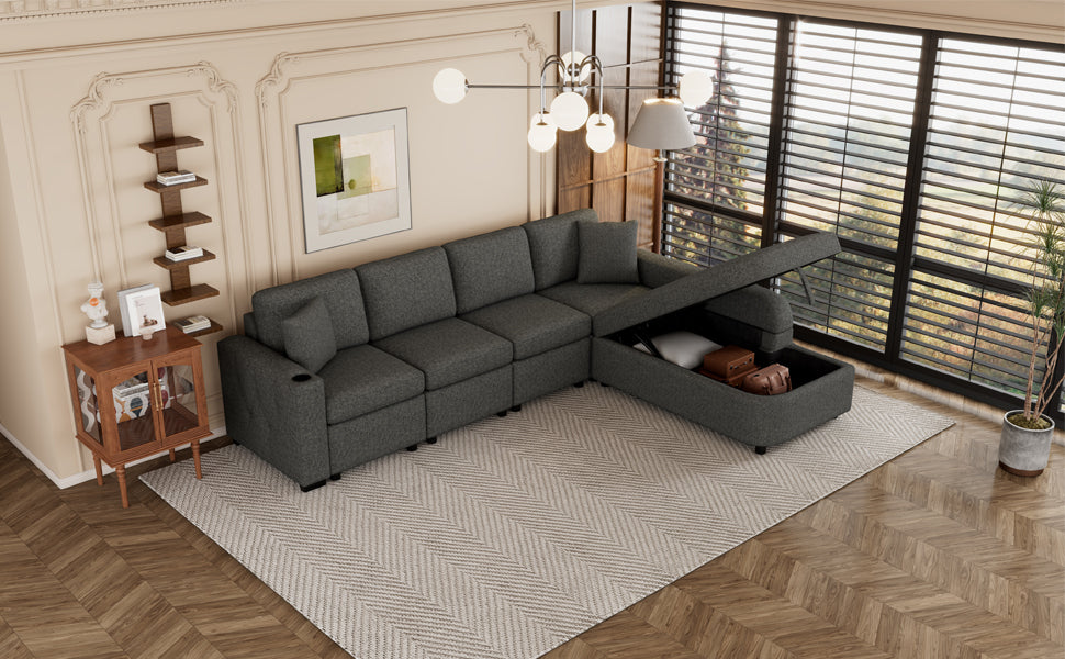 [product_type] | 109.8" L-shaped Couch Sectional Sofa with Storage Chaise, Cup Holder, and USB Ports - Black | Ecommerce SEO | casafoyer.myshopify.com