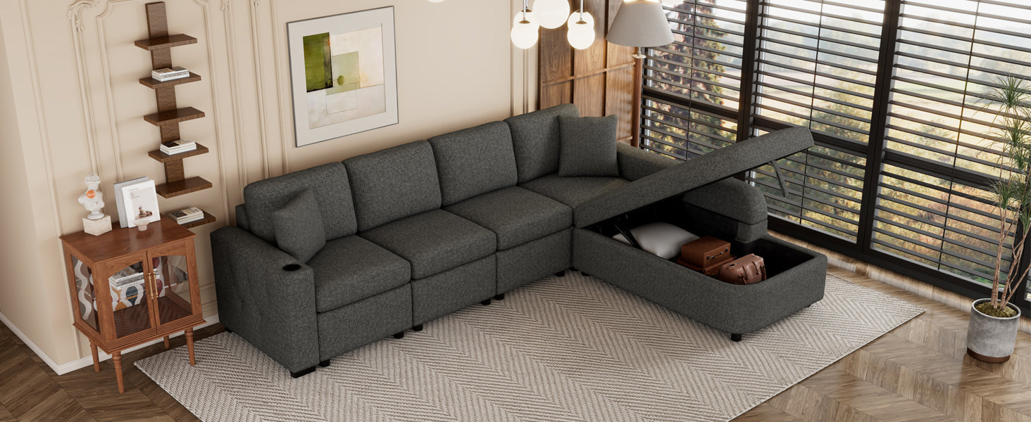 [product_type] | 109.8" L-shaped Couch Sectional Sofa with Storage Chaise, Cup Holder, and USB Ports - Black | Ecommerce SEO | casafoyer.myshopify.com