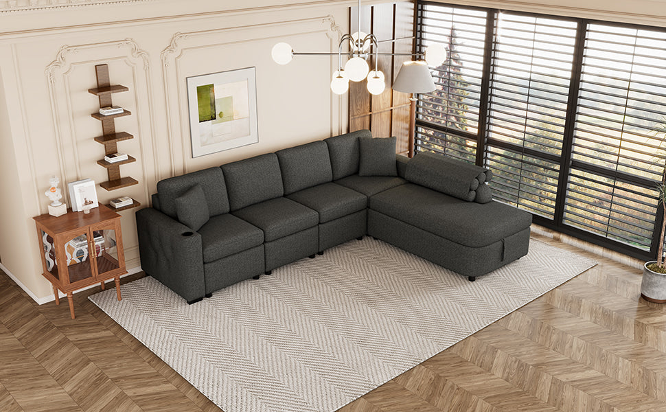 [product_type] | 109.8" L-shaped Couch Sectional Sofa with Storage Chaise, Cup Holder, and USB Ports - Black | Ecommerce SEO | casafoyer.myshopify.com