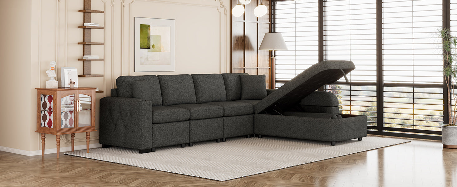 [product_type] | 109.8" L-shaped Couch Sectional Sofa with Storage Chaise, Cup Holder, and USB Ports - Black | Ecommerce SEO | casafoyer.myshopify.com