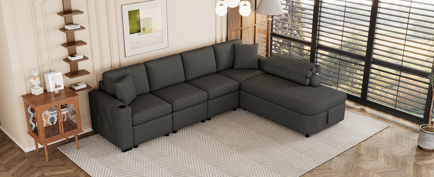 [product_type] | 109.8" L-shaped Couch Sectional Sofa with Storage Chaise, Cup Holder, and USB Ports - Black | Ecommerce SEO | casafoyer.myshopify.com