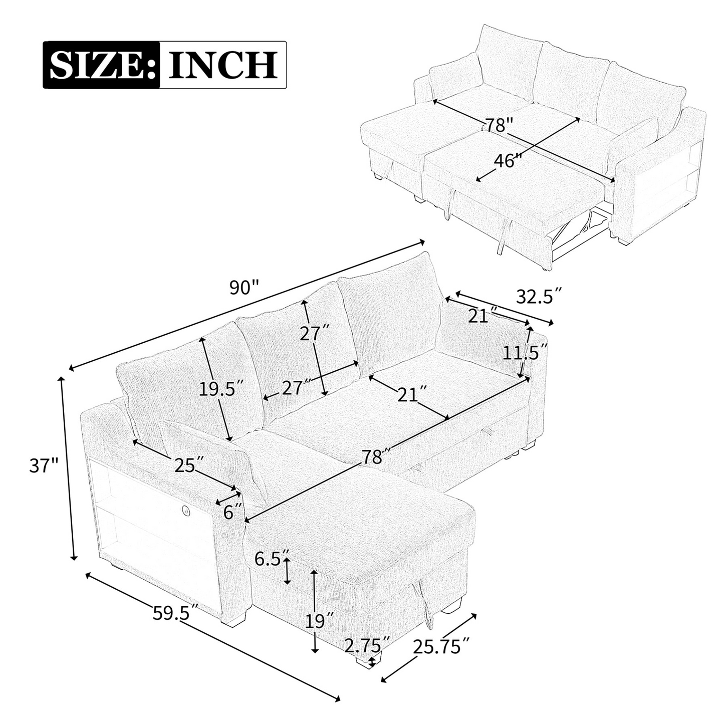 [product_type] | 90" Pull Out Sleeper Sofa L-Shaped Couch Convertible Sofa Bed with Storage Chaise, Storage Racks and USB Ports, Light Brown | casafoyer.myshopify.com