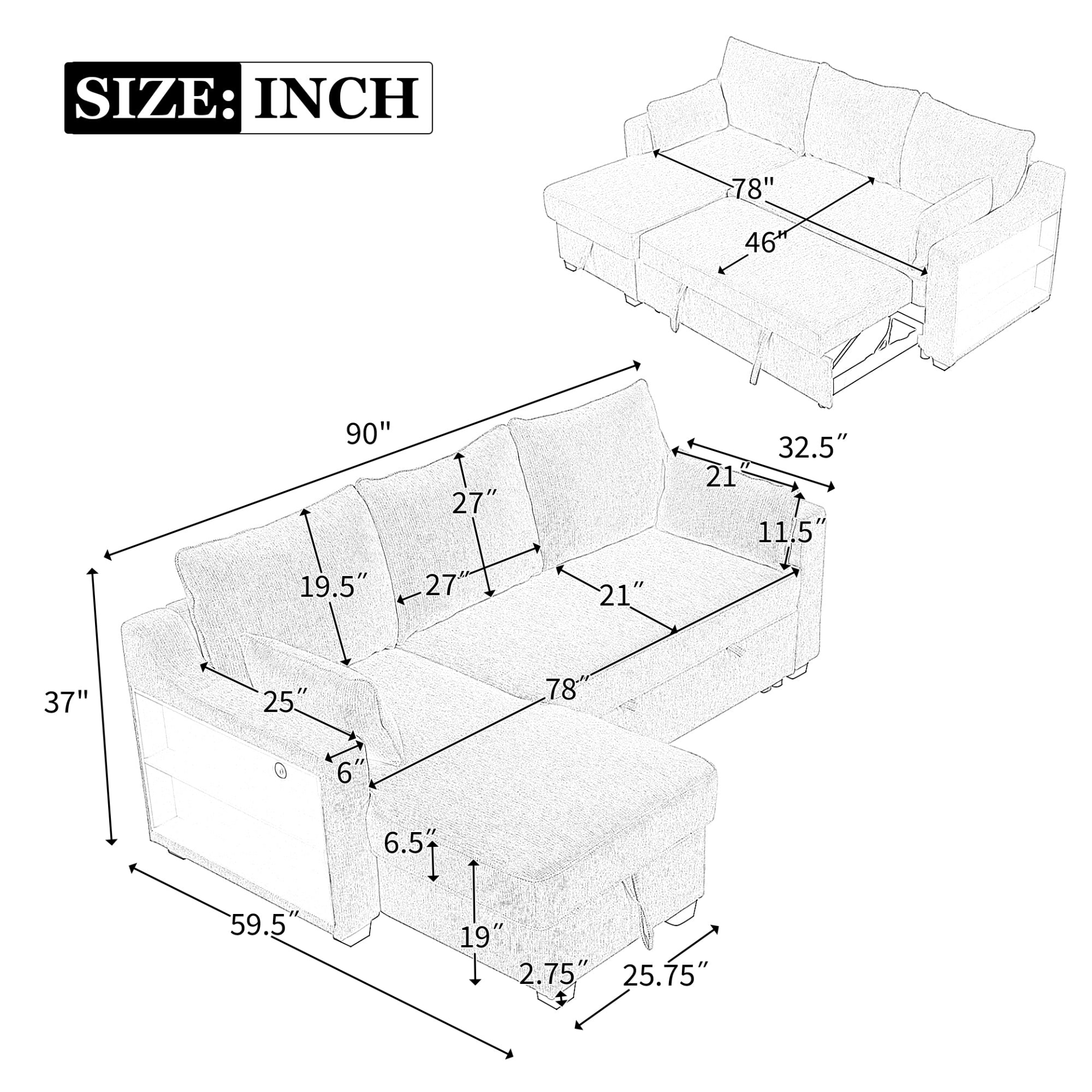 [product_type] | 90" Pull Out Sleeper Sofa L-Shaped Couch Convertible Sofa Bed with Storage Chaise, Storage Racks and USB Ports, Light Brown | casafoyer.myshopify.com