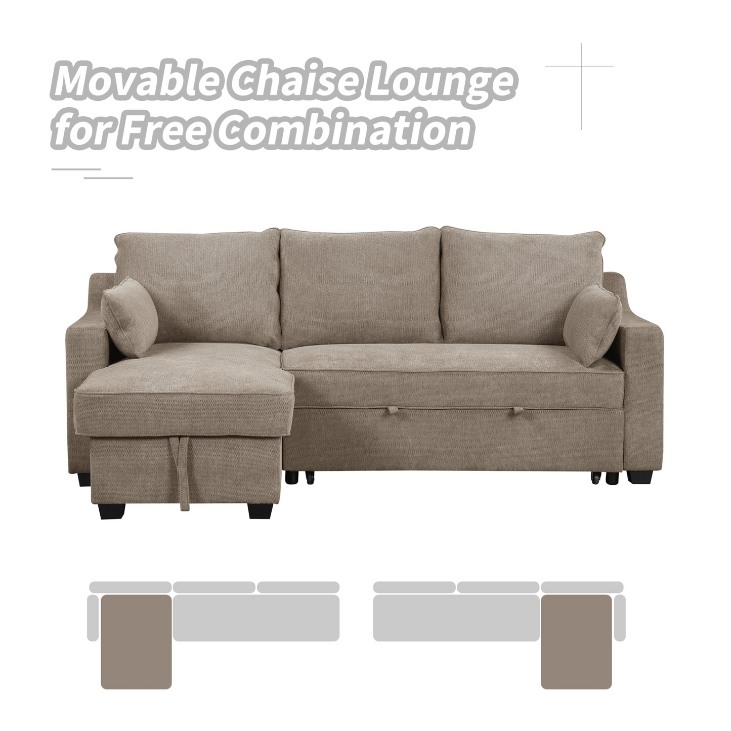 [product_type] | 90" Pull Out Sleeper Sofa L-Shaped Couch Convertible Sofa Bed with Storage Chaise, Storage Racks and USB Ports, Light Brown | casafoyer.myshopify.com