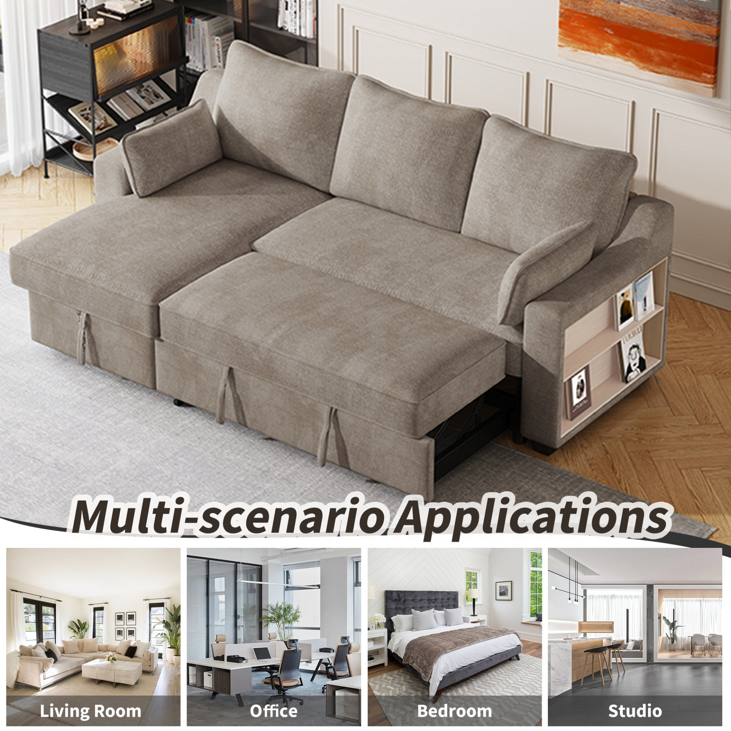 [product_type] | 90" Pull Out Sleeper Sofa L-Shaped Couch Convertible Sofa Bed with Storage Chaise, Storage Racks and USB Ports, Light Brown | casafoyer.myshopify.com