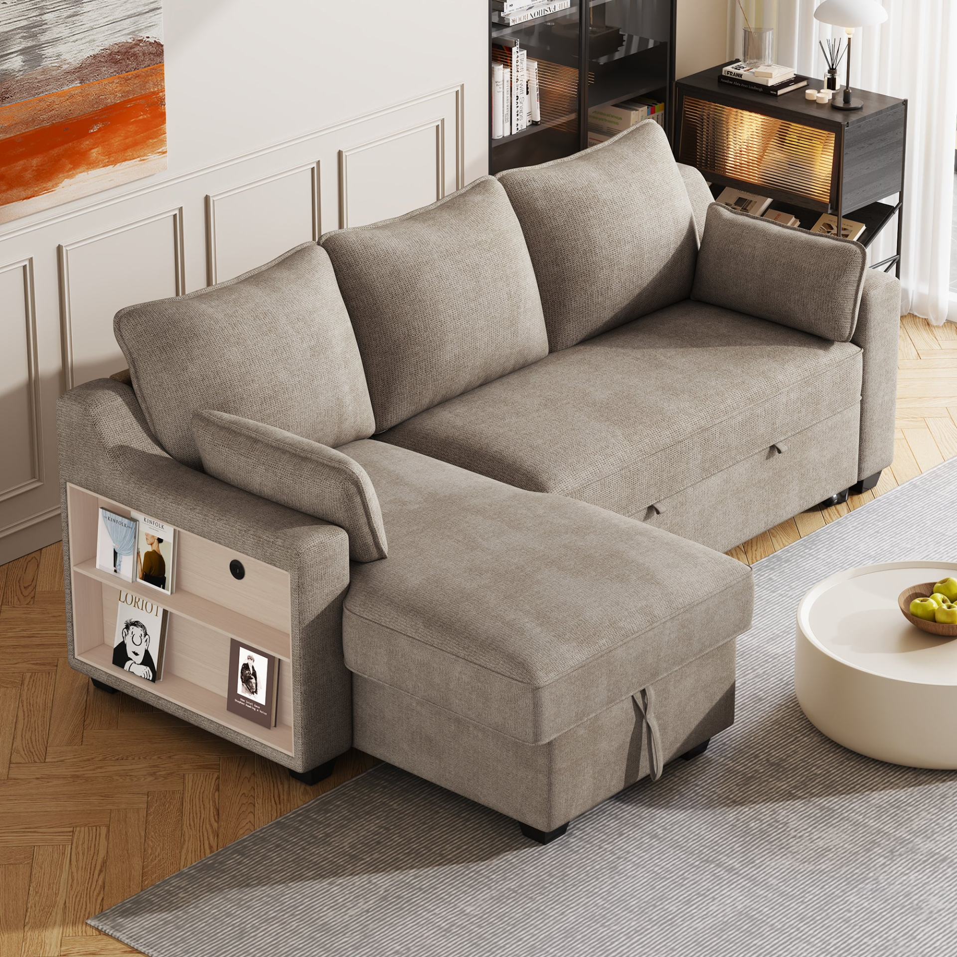 [product_type] | 90" Pull Out Sleeper Sofa L-Shaped Couch Convertible Sofa Bed with Storage Chaise, Storage Racks and USB Ports, Light Brown | casafoyer.myshopify.com