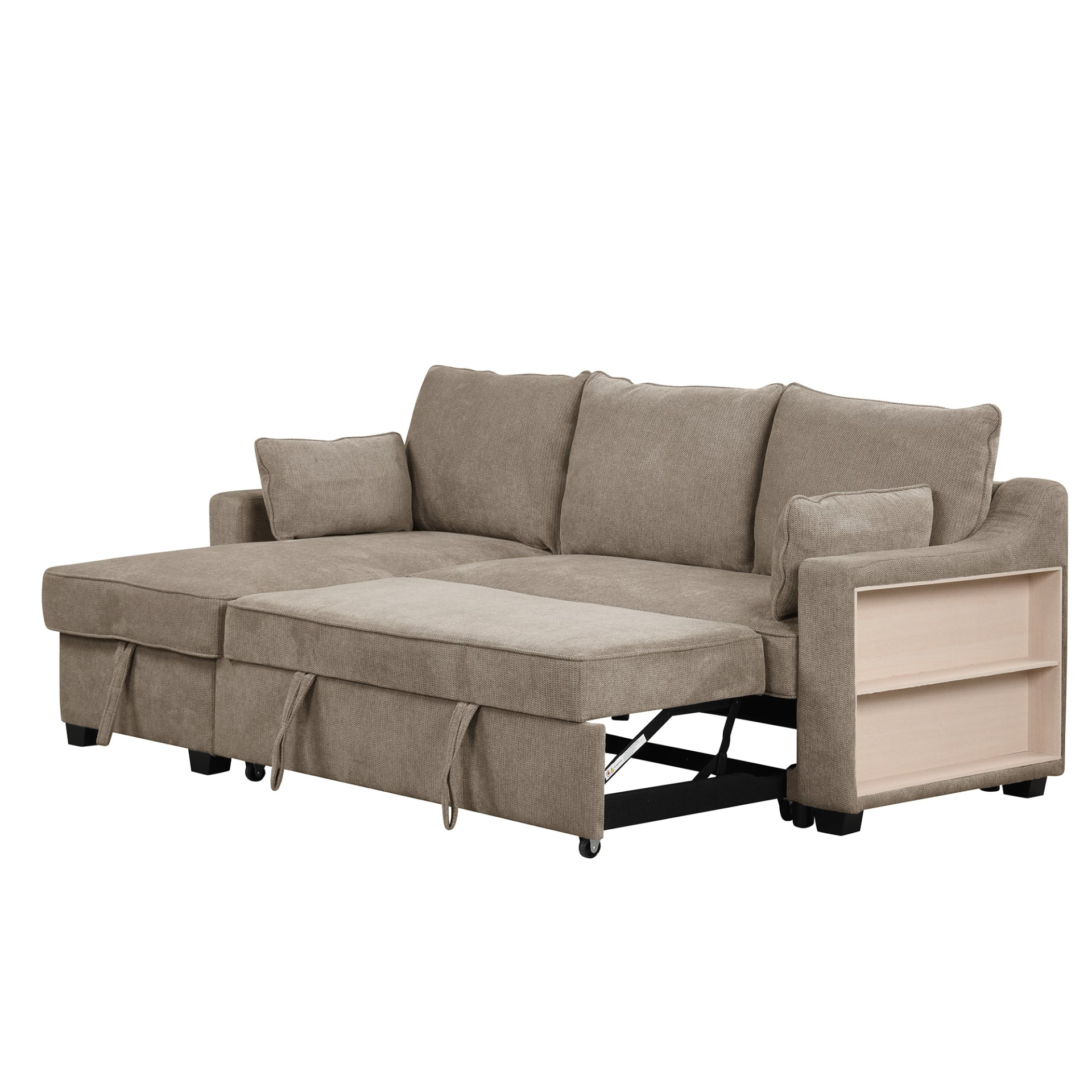 [product_type] | 90" Pull Out Sleeper Sofa L-Shaped Couch Convertible Sofa Bed with Storage Chaise, Storage Racks and USB Ports, Light Brown | casafoyer.myshopify.com