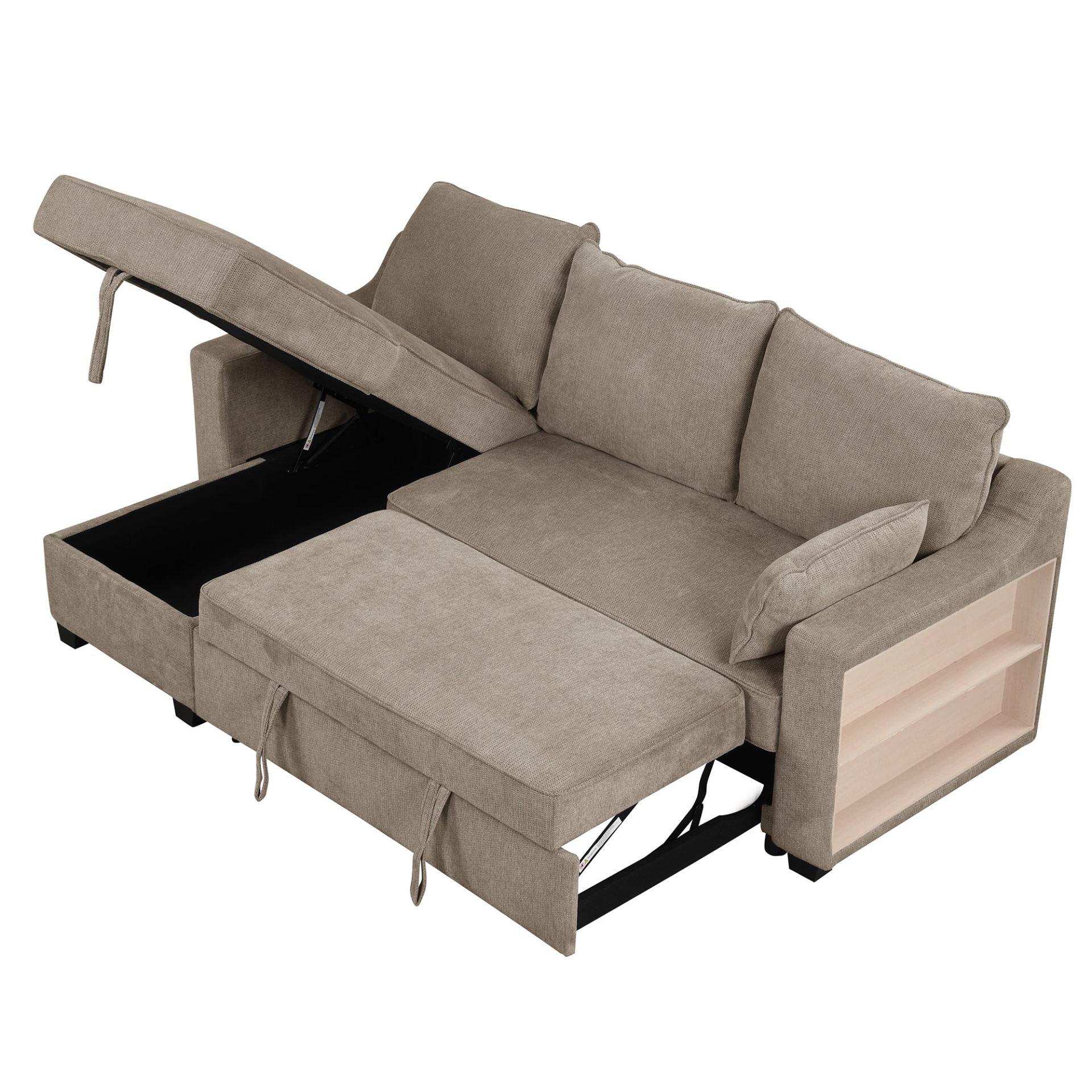 [product_type] | 90" Pull Out Sleeper Sofa L-Shaped Couch Convertible Sofa Bed with Storage Chaise, Storage Racks and USB Ports, Light Brown | casafoyer.myshopify.com