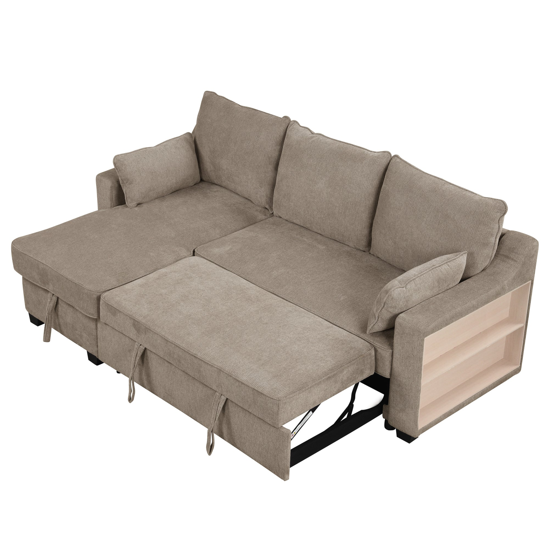 [product_type] | 90" Pull Out Sleeper Sofa L-Shaped Couch Convertible Sofa Bed with Storage Chaise, Storage Racks and USB Ports, Light Brown | casafoyer.myshopify.com