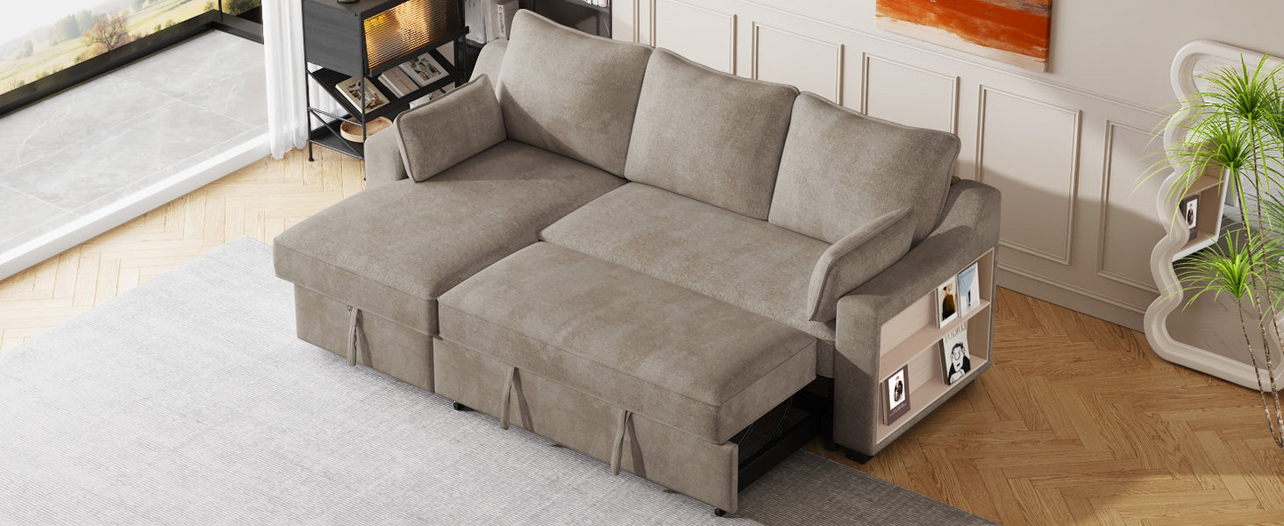 [product_type] | 90" Pull Out Sleeper Sofa L-Shaped Couch Convertible Sofa Bed with Storage Chaise, Storage Racks and USB Ports, Light Brown | casafoyer.myshopify.com