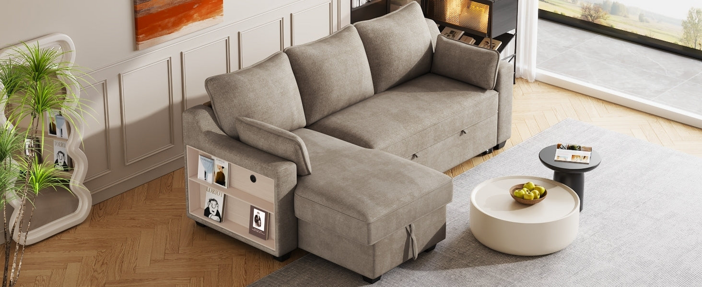 [product_type] | 90" Pull Out Sleeper Sofa L-Shaped Couch Convertible Sofa Bed with Storage Chaise, Storage Racks and USB Ports, Light Brown | casafoyer.myshopify.com