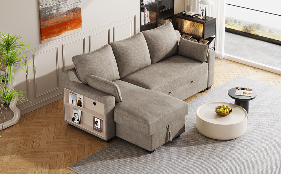 [product_type] | 90" Pull Out Sleeper Sofa L-Shaped Couch Convertible Sofa Bed with Storage Chaise, Storage Racks and USB Ports, Light Brown | casafoyer.myshopify.com