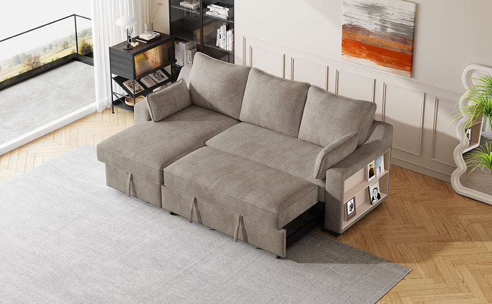 [product_type] | 90" Pull Out Sleeper Sofa L-Shaped Couch Convertible Sofa Bed with Storage Chaise, Storage Racks and USB Ports, Light Brown | casafoyer.myshopify.com