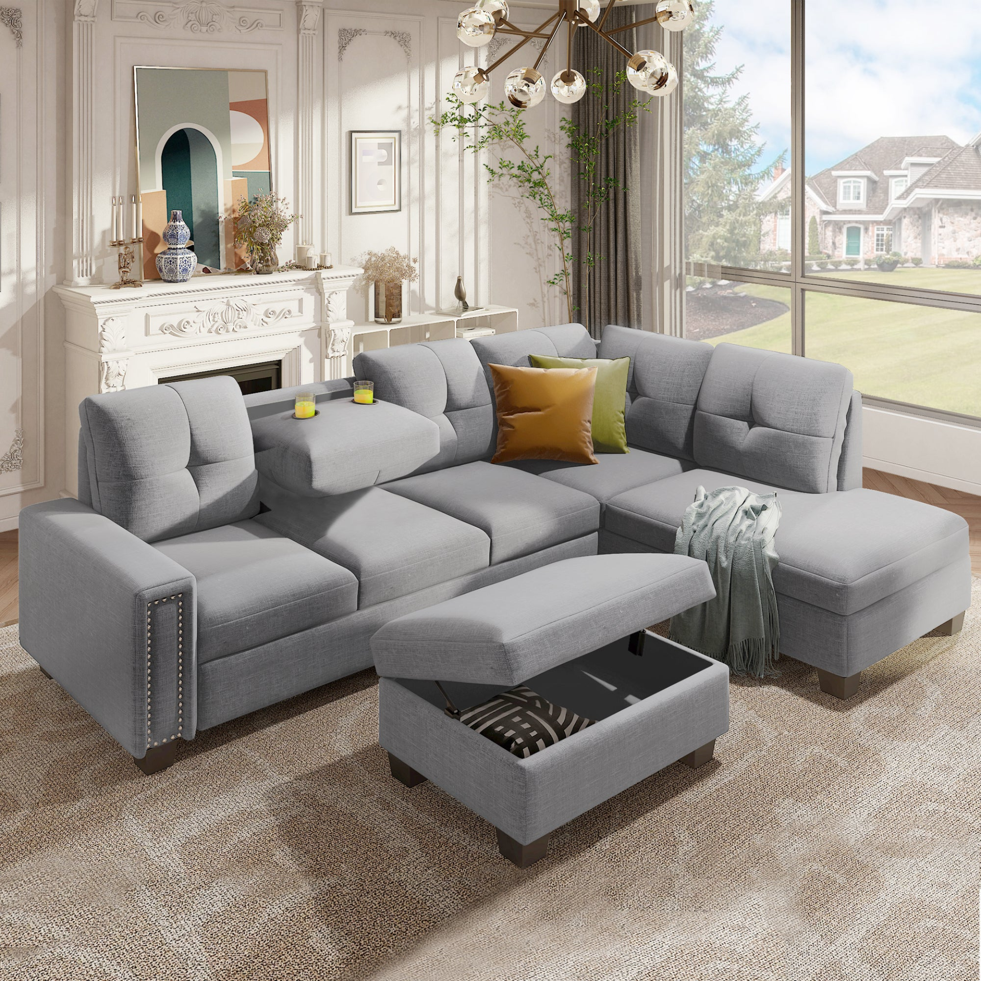 Sofa & Chair sets | Reversible Sectional Sofa with Storage Ottoman - Space Saving L-shape Couch for Large Space | casafoyer.myshopify.com