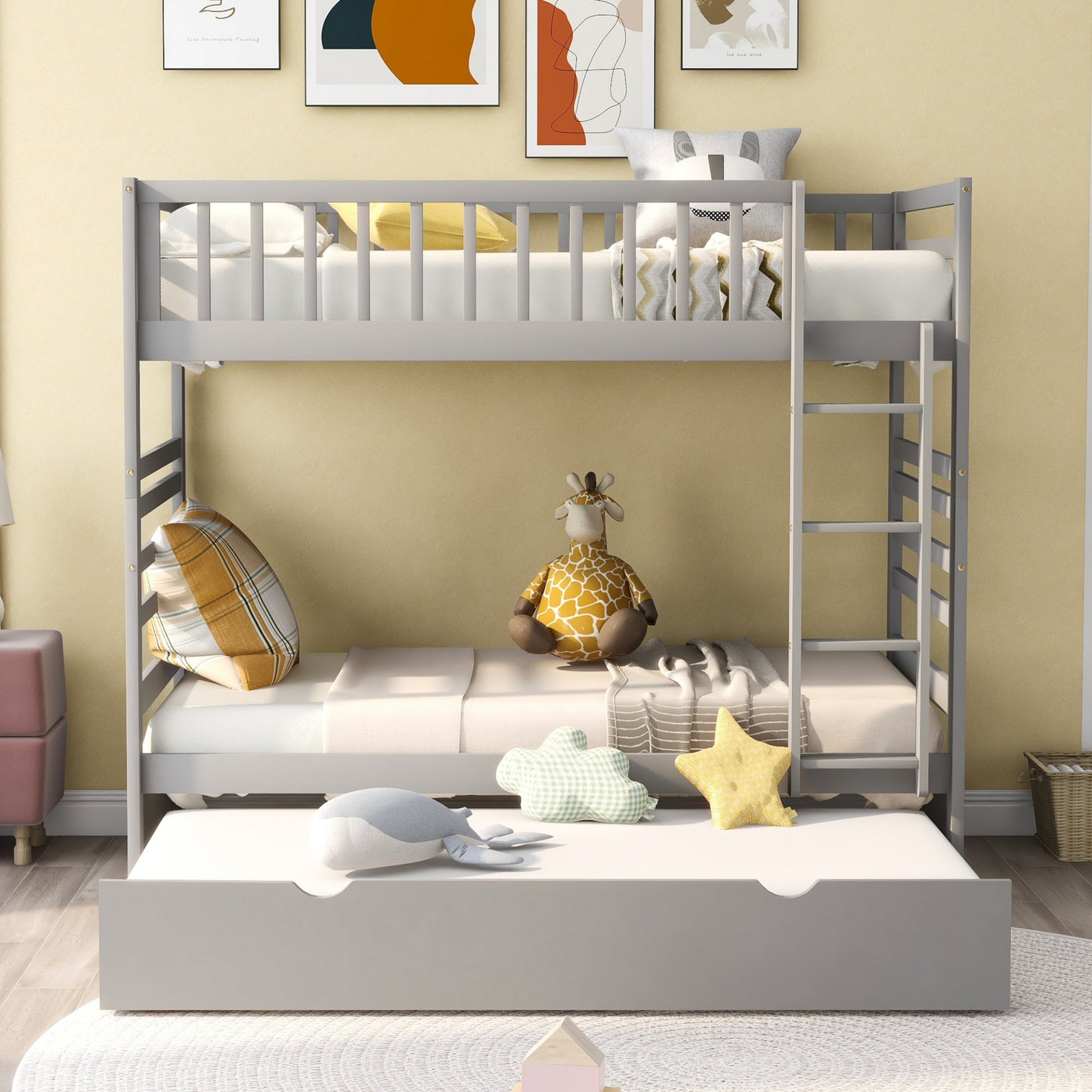 Bed | Twin Bunk Beds for Kids with Safety Rail and Movable Trundle bed | casafoyer.myshopify.com