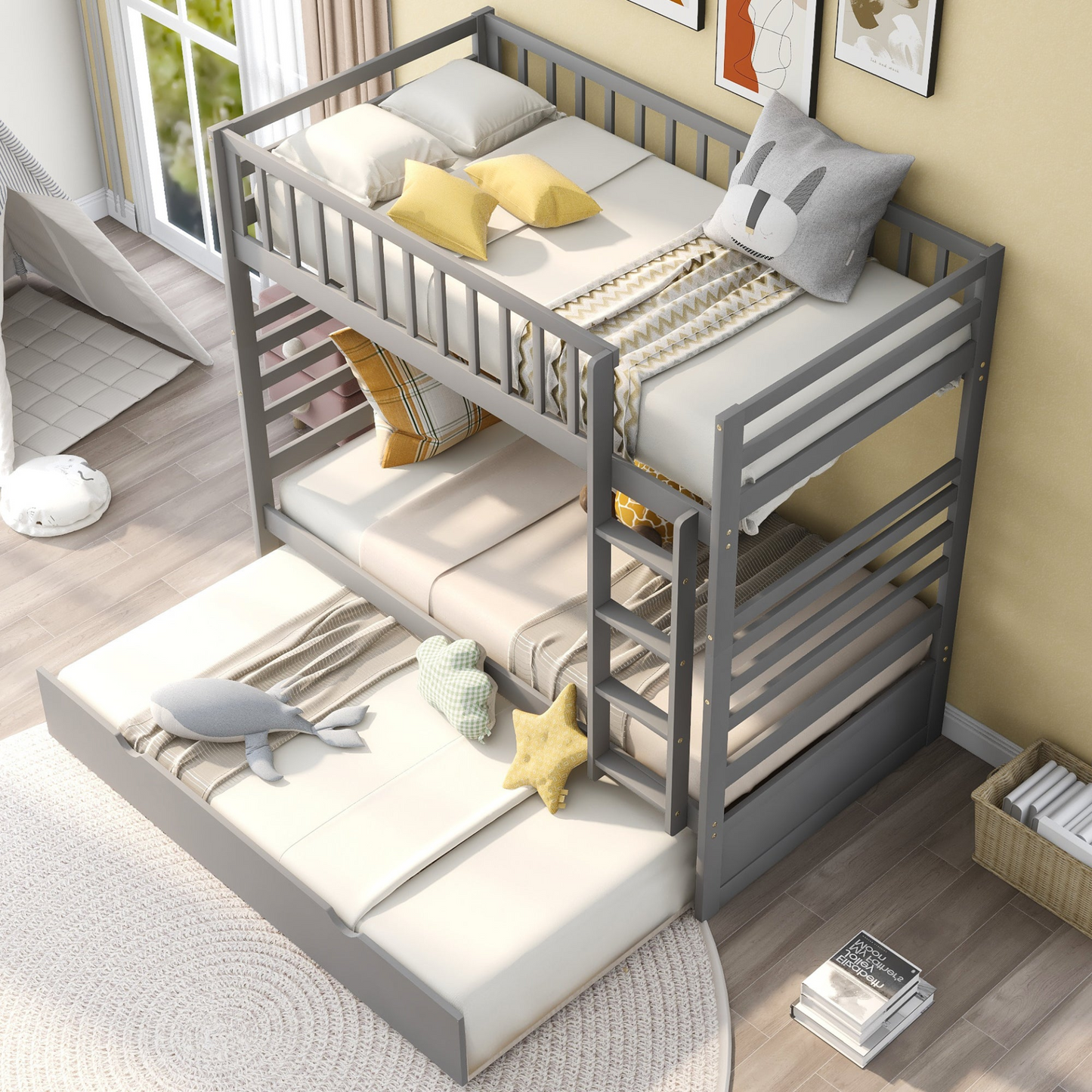 Bed | Twin Bunk Beds for Kids with Safety Rail and Movable Trundle bed | casafoyer.myshopify.com