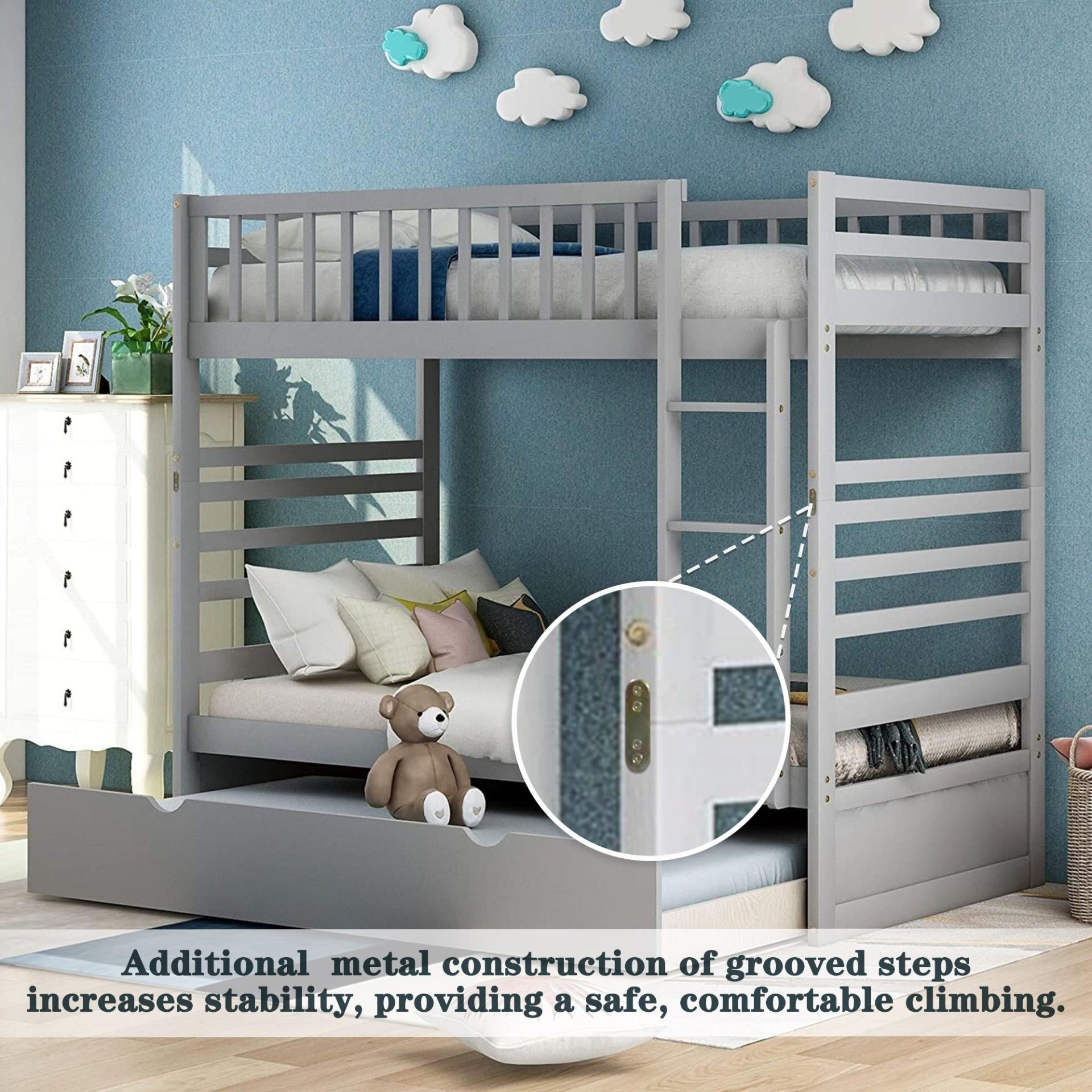 Bed | Twin Bunk Beds for Kids with Safety Rail and Movable Trundle bed | casafoyer.myshopify.com