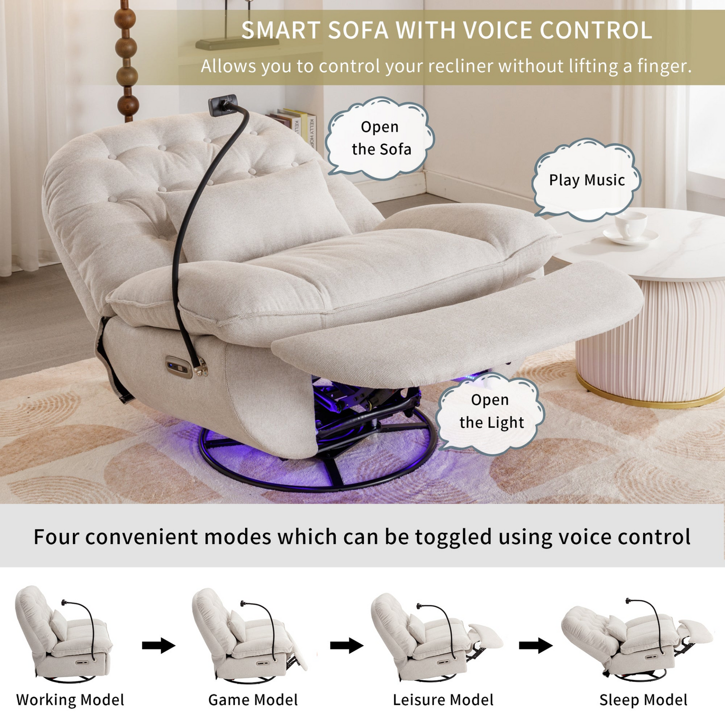 Sofa & Chair sets | 270 Degree Swivel Power Recliner with Voice Control, Bluetooth Music Player,USB Ports, Atmosphere Lamp, Hidden Arm Storage and Mobile Phone Holder for Living Room, Bedroom, Apartment, Beige | casafoyer.myshopify.com