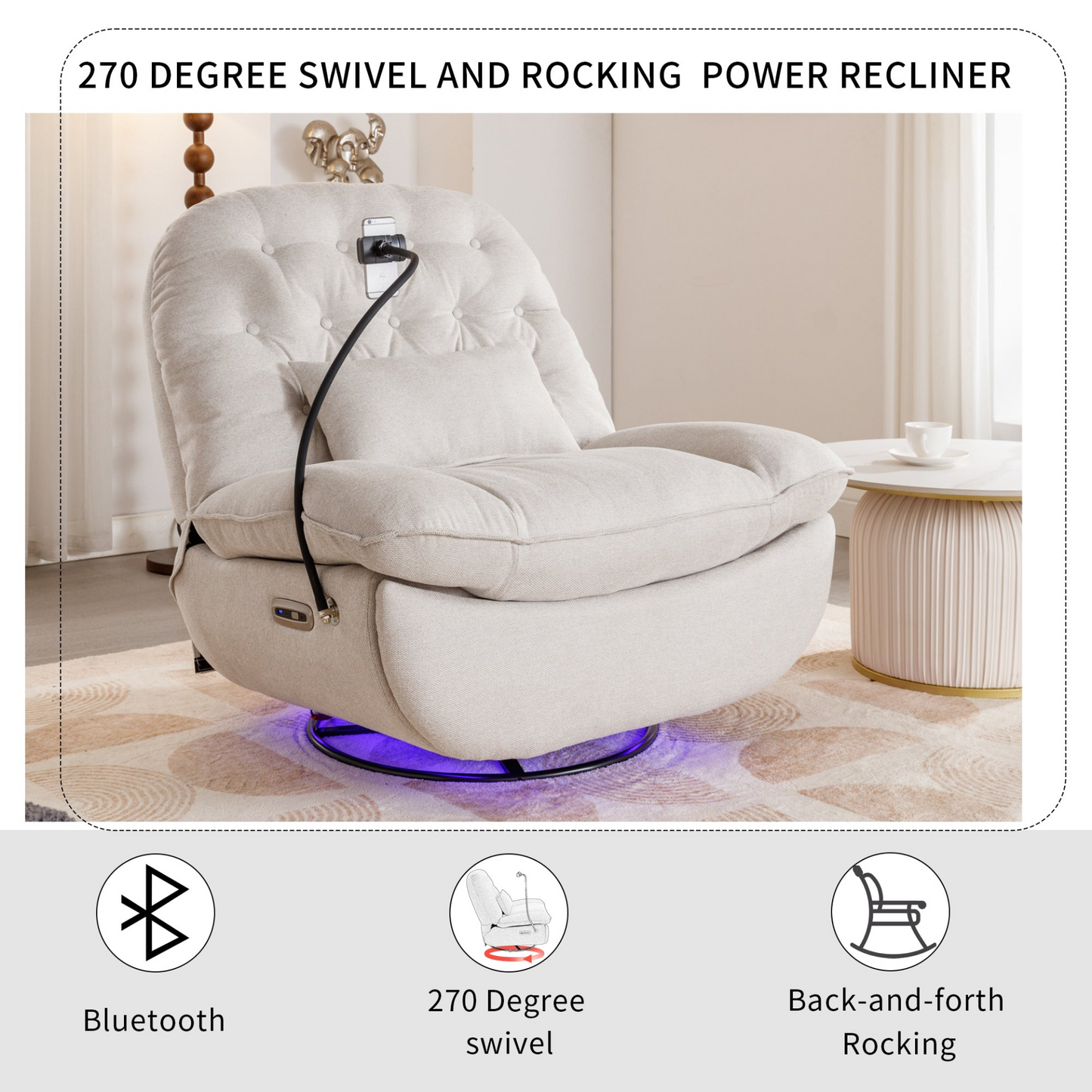 Sofa & Chair sets | 270 Degree Swivel Power Recliner with Voice Control, Bluetooth Music Player,USB Ports, Atmosphere Lamp, Hidden Arm Storage and Mobile Phone Holder for Living Room, Bedroom, Apartment, Beige | casafoyer.myshopify.com