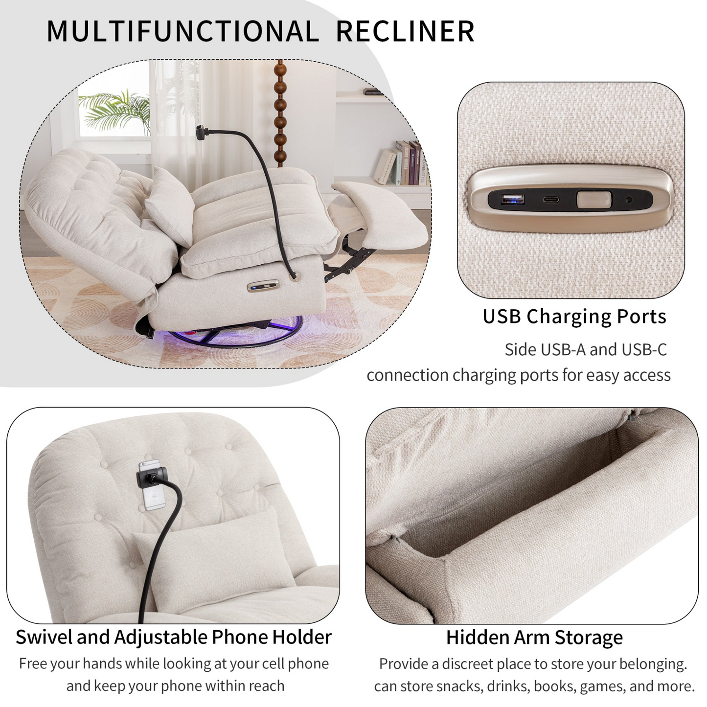 Sofa & Chair sets | 270 Degree Swivel Power Recliner with Voice Control, Bluetooth Music Player,USB Ports, Atmosphere Lamp, Hidden Arm Storage and Mobile Phone Holder for Living Room, Bedroom, Apartment, Beige | casafoyer.myshopify.com