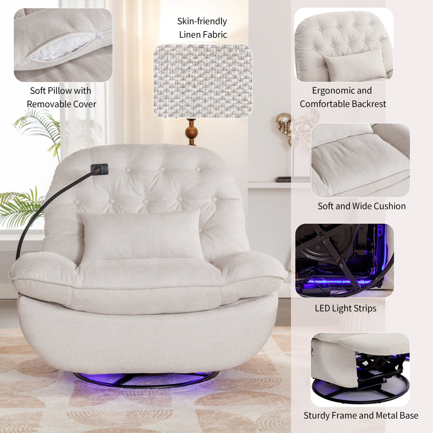 Sofa & Chair sets | 270 Degree Swivel Power Recliner with Voice Control, Bluetooth Music Player,USB Ports, Atmosphere Lamp, Hidden Arm Storage and Mobile Phone Holder for Living Room, Bedroom, Apartment, Beige | casafoyer.myshopify.com