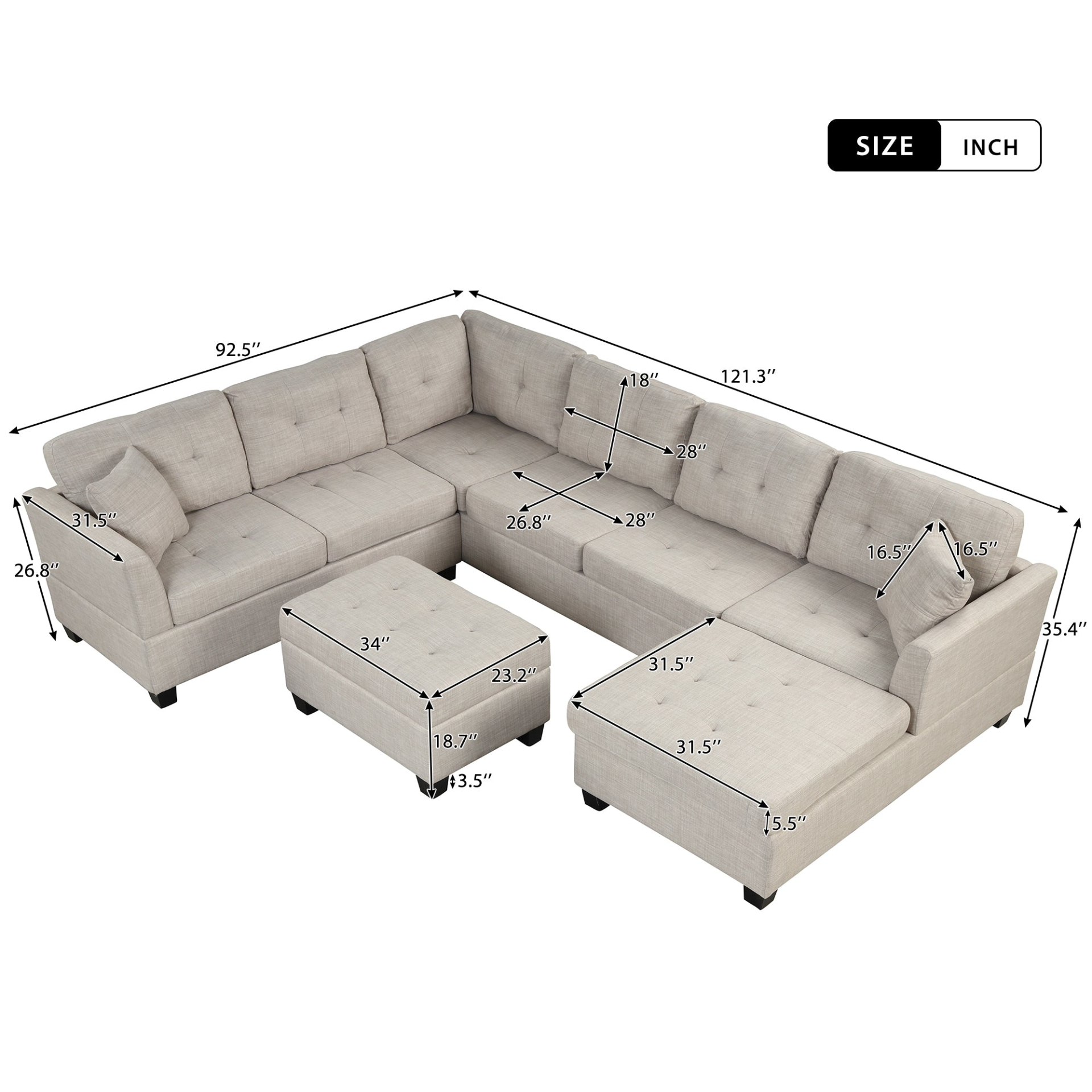 [product_type] | 121.3" Oversized Sectional Sofa with Storage Ottoman, U Shaped Sectional Couch with 2 Throw Pillows for Large Space Dorm Apartment | casafoyer.myshopify.com