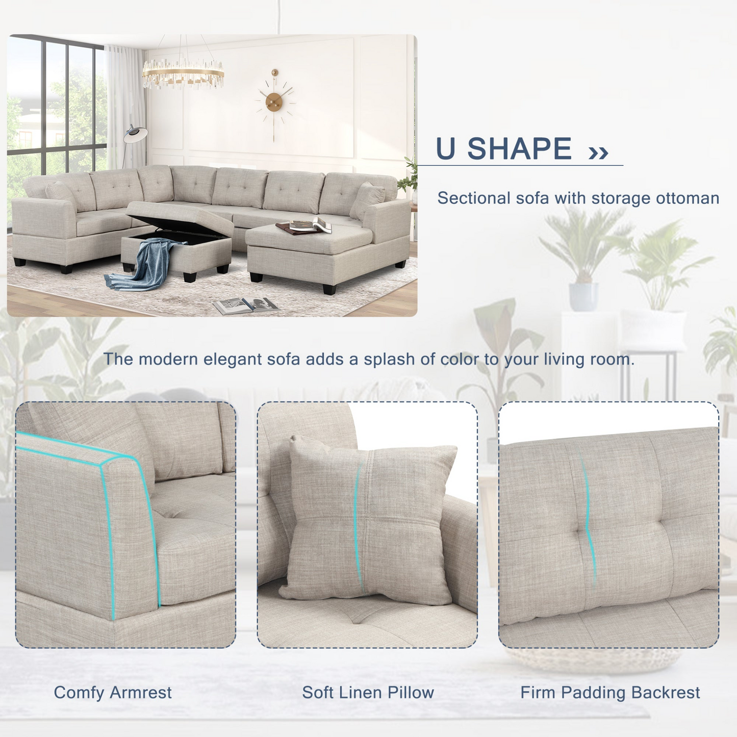 [product_type] | 121.3" Oversized Sectional Sofa with Storage Ottoman, U Shaped Sectional Couch with 2 Throw Pillows for Large Space Dorm Apartment | casafoyer.myshopify.com