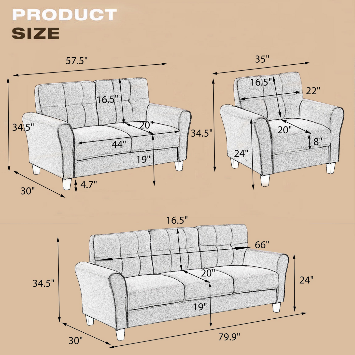 Sofa & Chair sets | Modern Living Room Sofa Set Linen Upholstered Couch Furniture for Home or Office ,Light Grey,1+3-Seat | casafoyer.myshopify.com