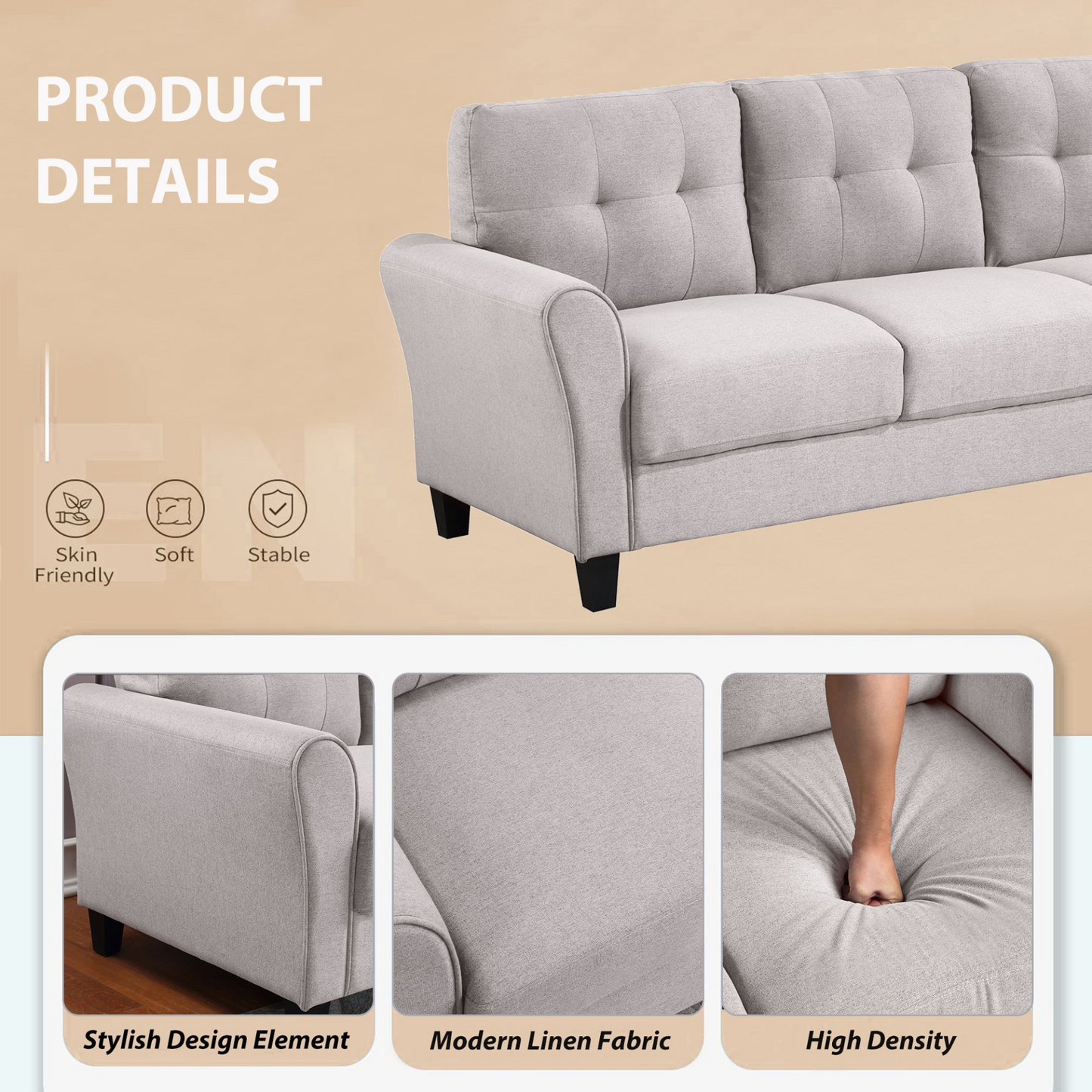 Sofa & Chair sets | Modern Living Room Sofa Set Linen Upholstered Couch Furniture for Home or Office ,Light Grey,1+3-Seat | casafoyer.myshopify.com